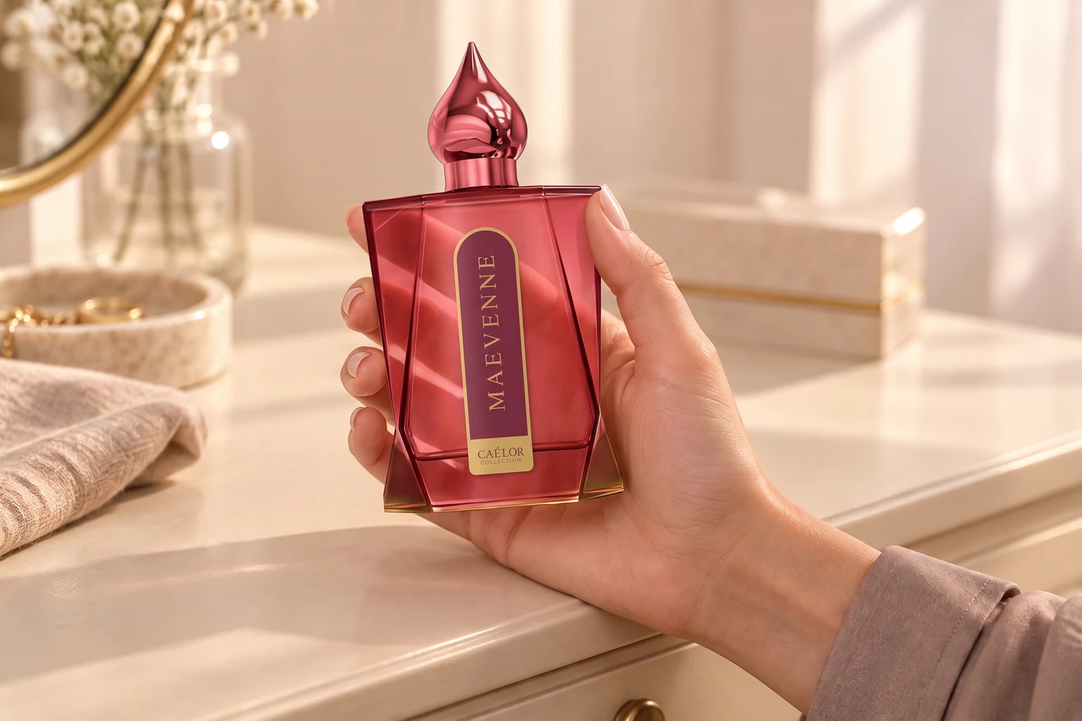 A hand holding a CAÉLOR perfume bottle.