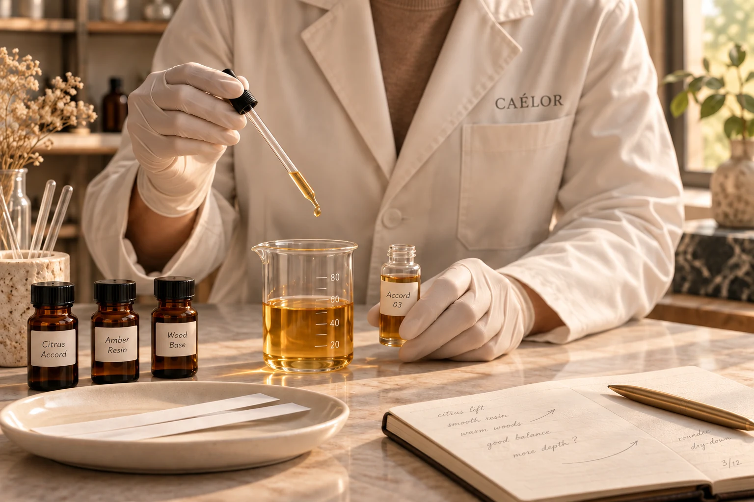A specialist working with small fragrance vials in a CAÉLOR lab coat.