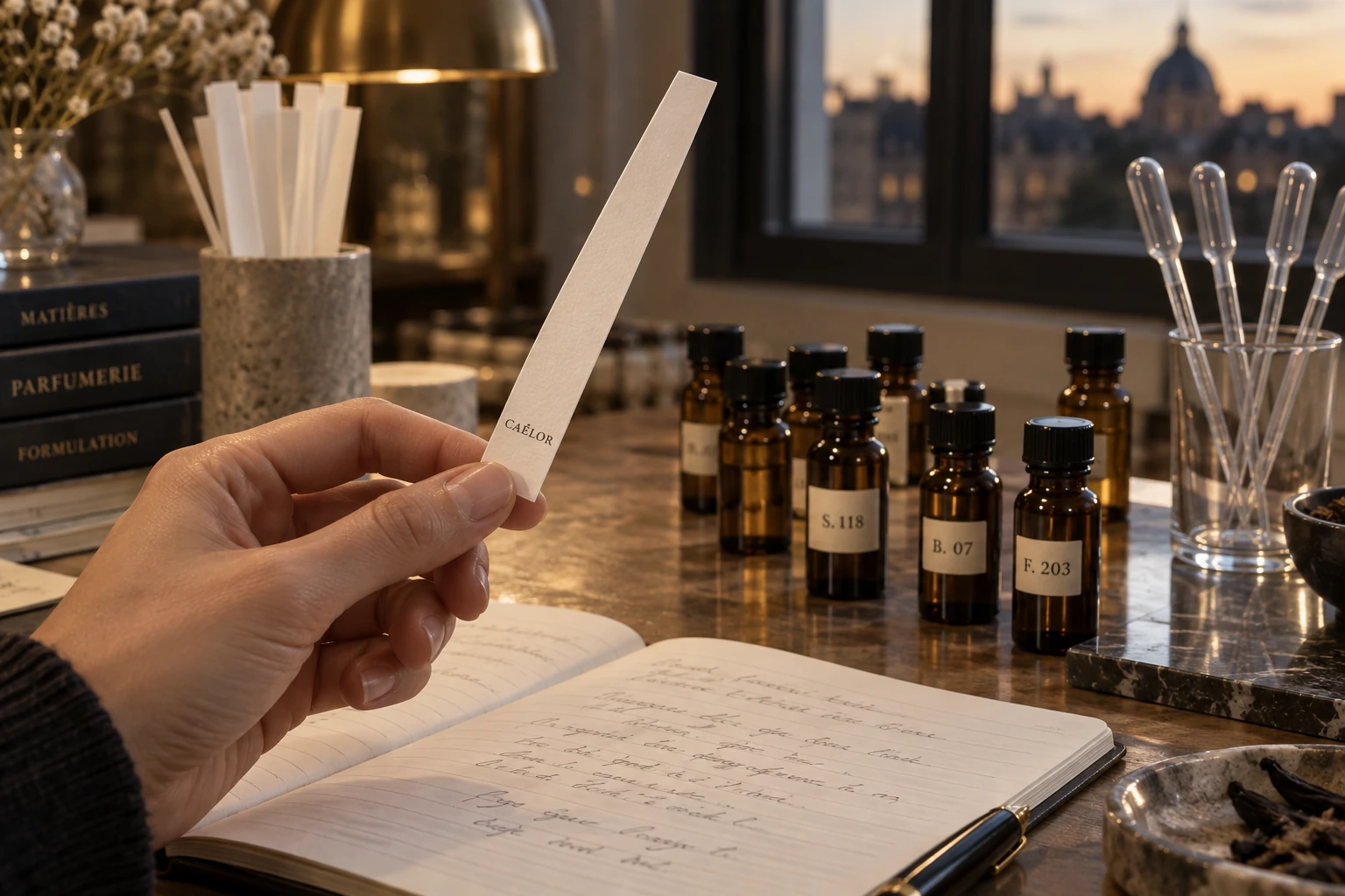 A CAÉLOR scent strip, fragrance vials and an evaluation notebook.