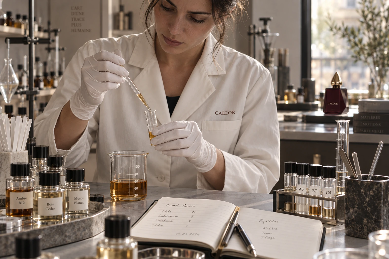 Measuring fragrance at a workbench in a CAÉLOR lab coat.