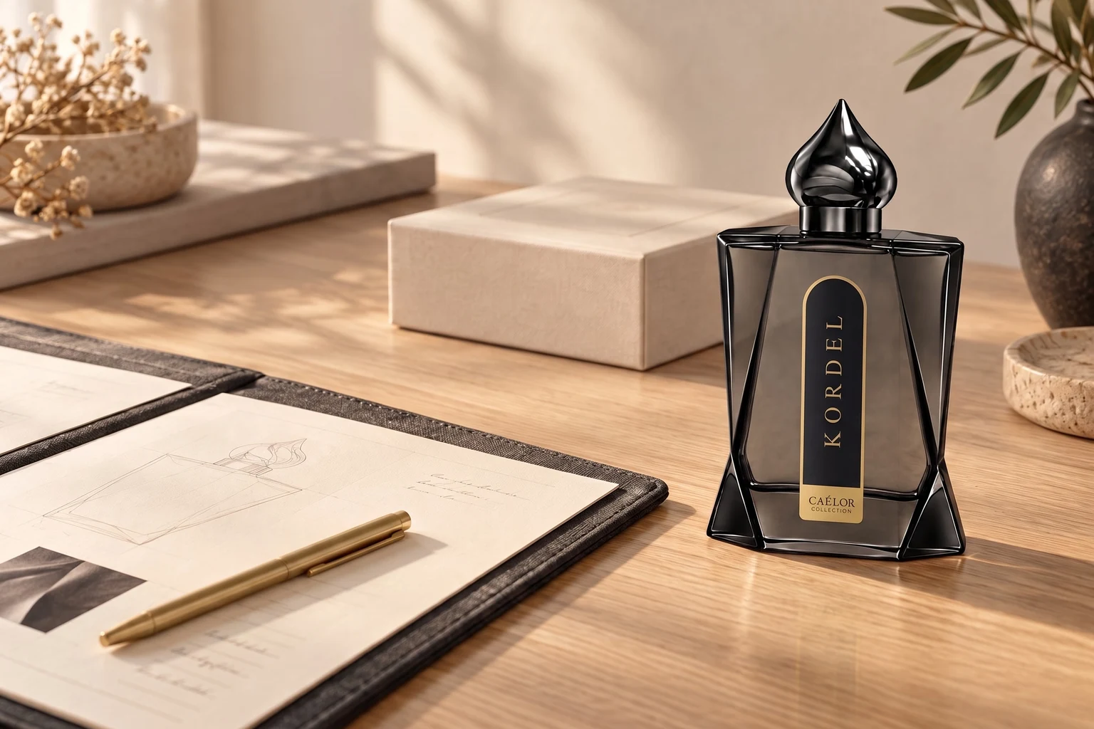 CAÉLOR perfume and presentation materials at a business worktable.
