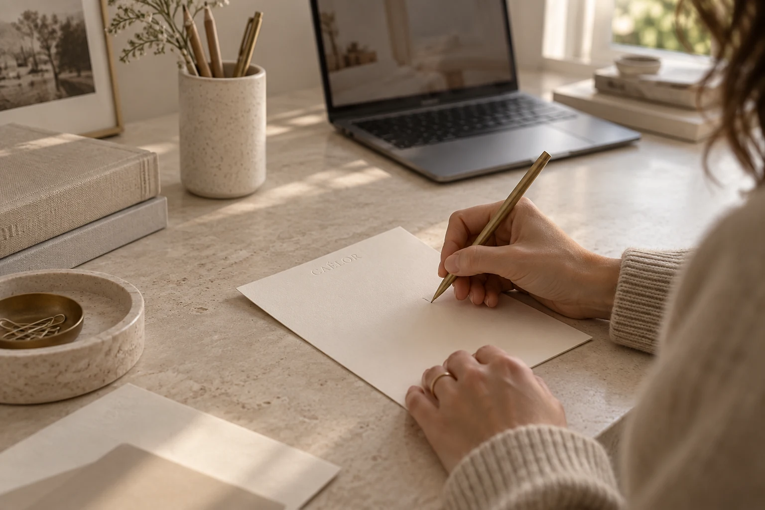 Writing a note on subtly embossed CAÉLOR stationery.