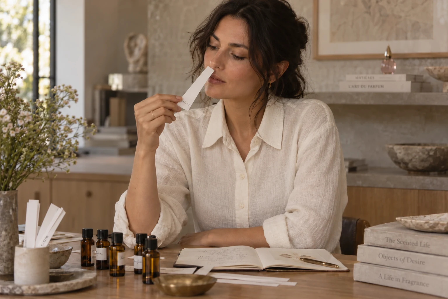 A woman considering a fragrance on a CAÉLOR scent strip