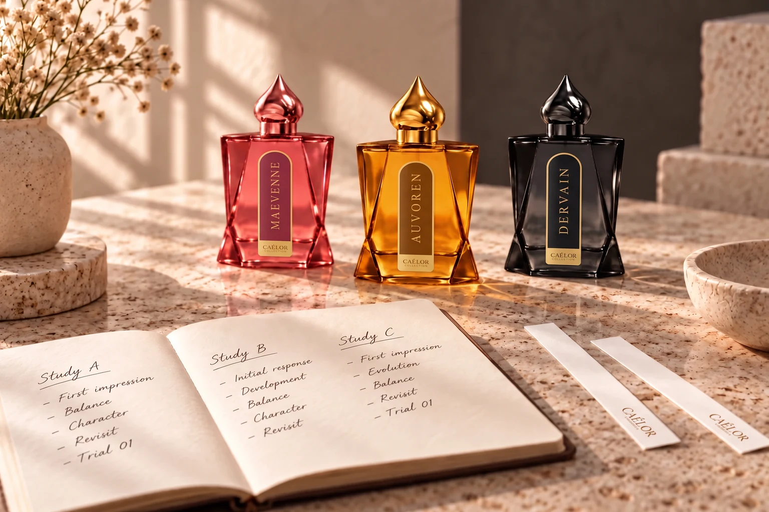 A quiet fragrance study with CAÉLOR bottles, vials and handwritten observations.
