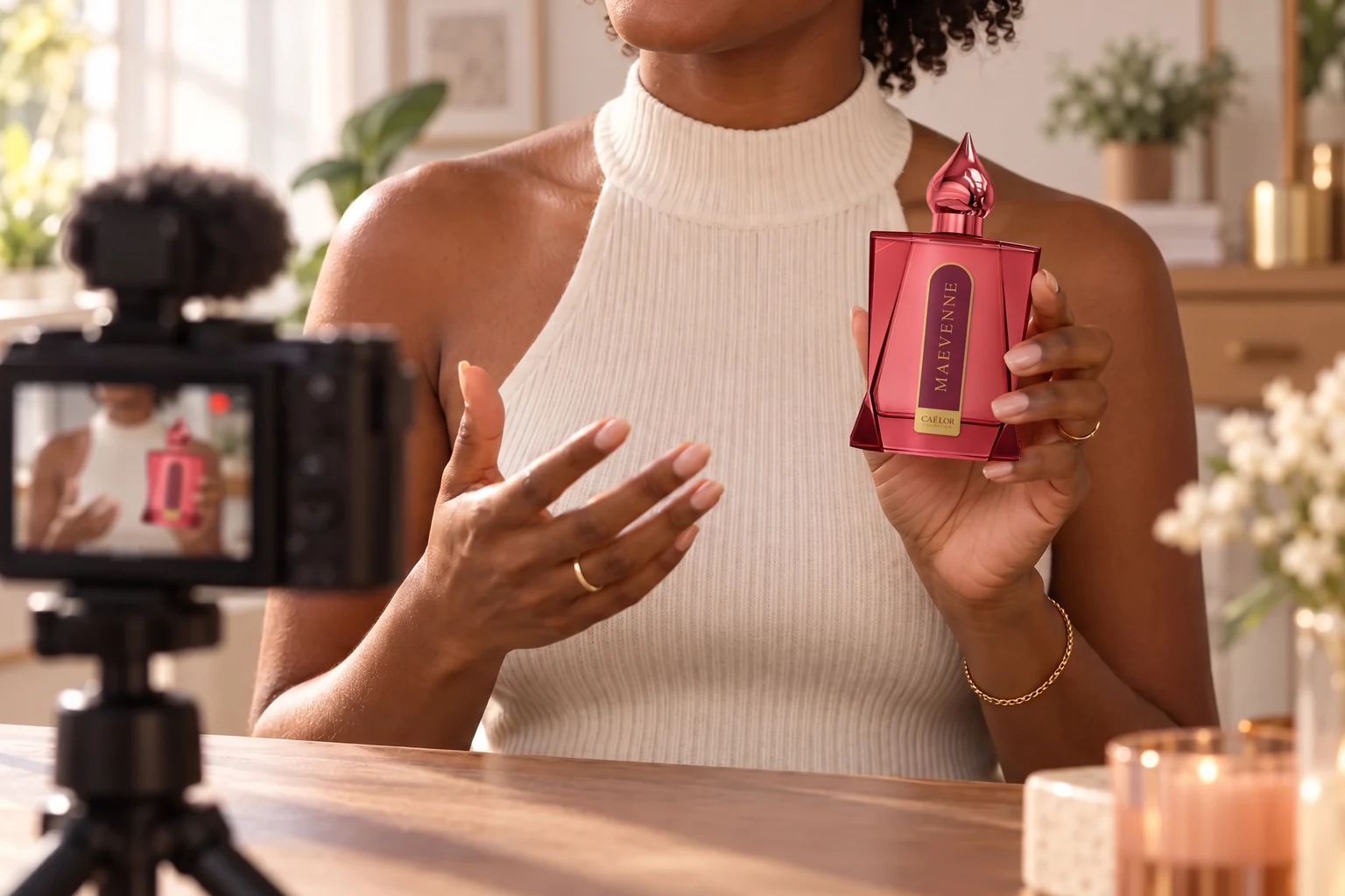 A fragrance creator holding a CAÉLOR bottle while recording a video.