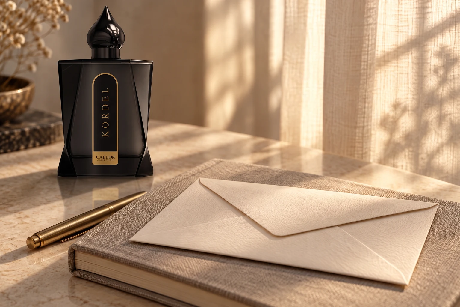 A closed notebook and envelope beside a CAÉLOR perfume.