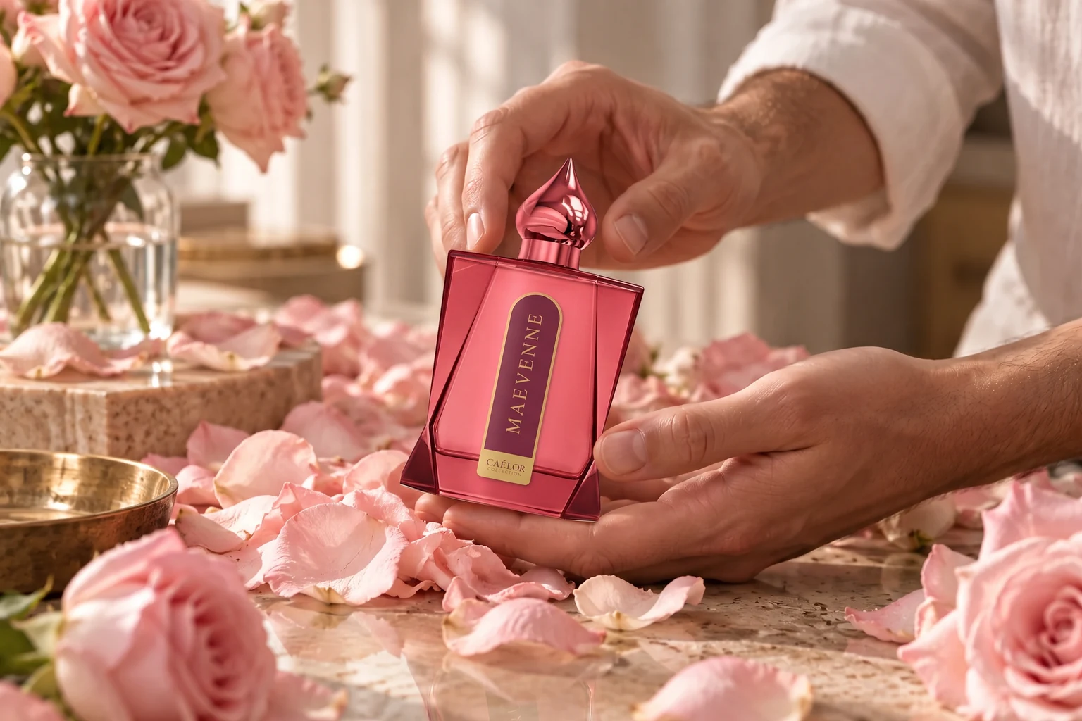 Hands lifting a pink CAÉLOR perfume from soft rose petals.