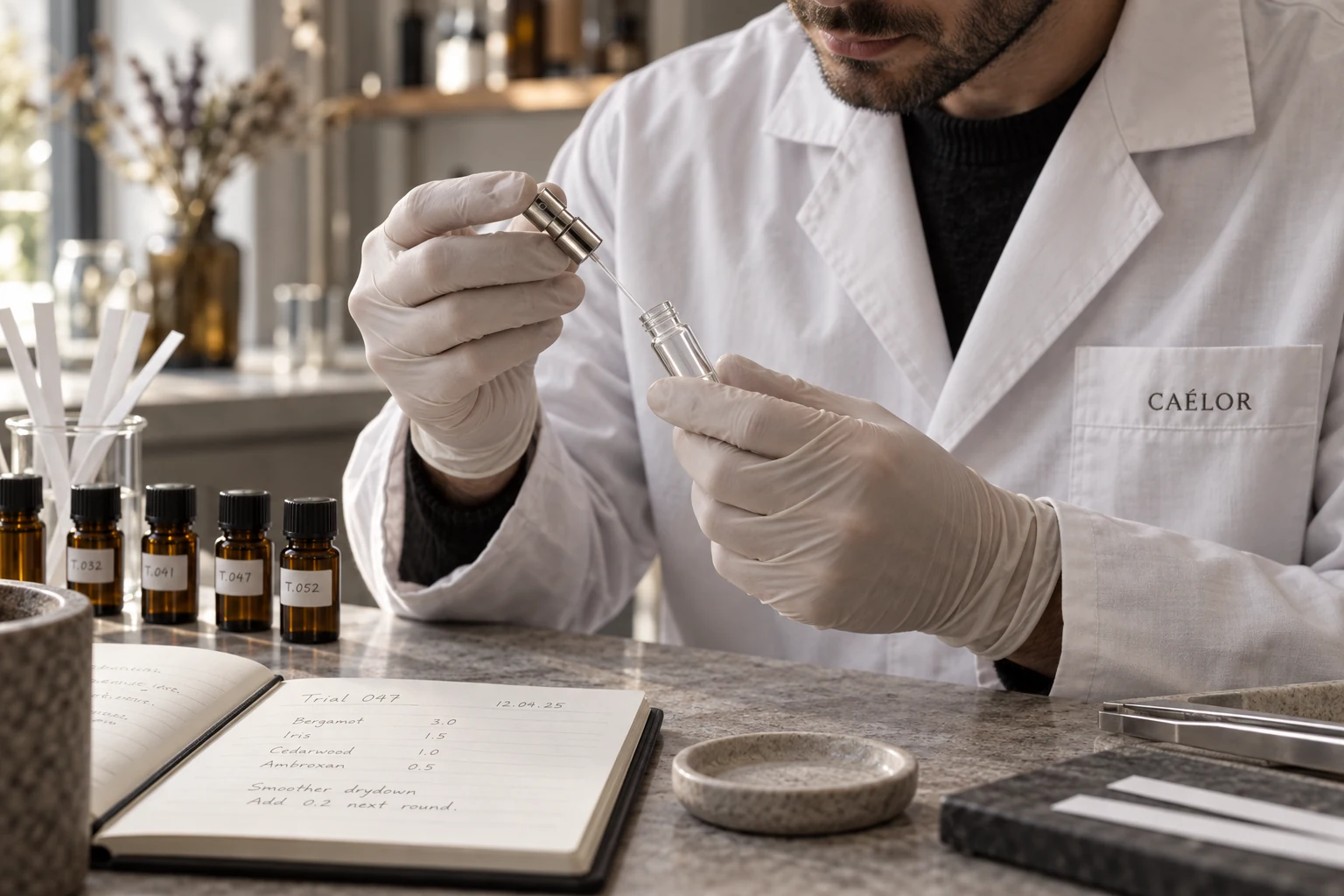 A fragrance technician examining a small atomiser and vial.