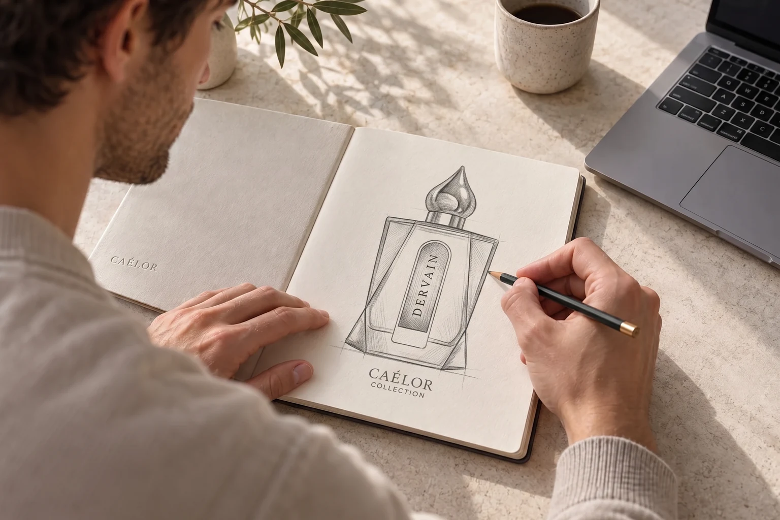 A designer sketching the CAÉLOR bottle in a studio notebook.