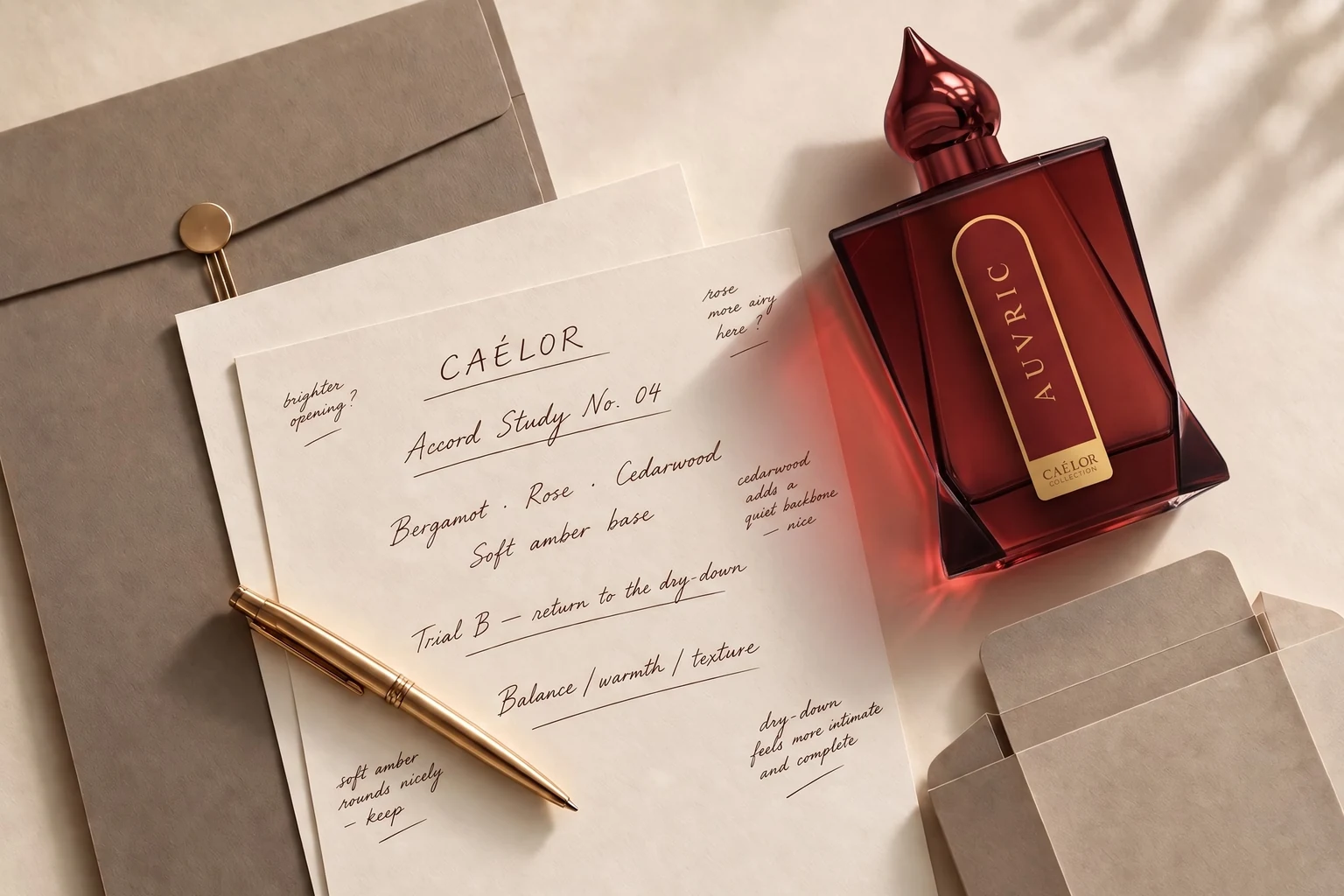 Handwritten fragrance studies on an open notebook at a worktable.