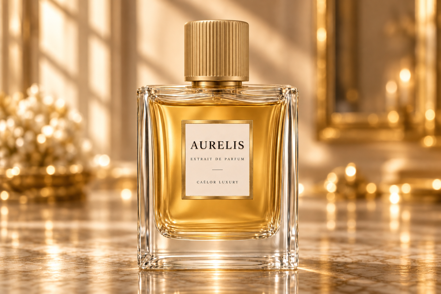 Aurelis, an Atelier perfume in clear glass with a satin gold cap, surrounded by warm golden light