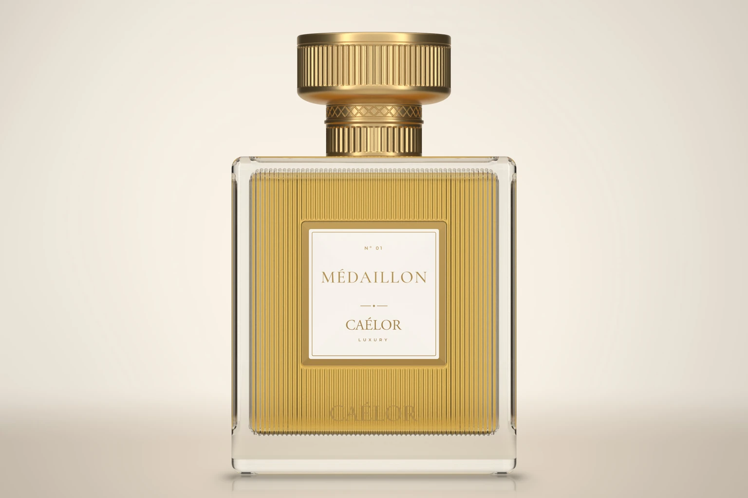 Médaillon, a CAÉLOR Luxury perfume in clear fluted glass with a matte gold cap and a white metal plate, in warm studio light
